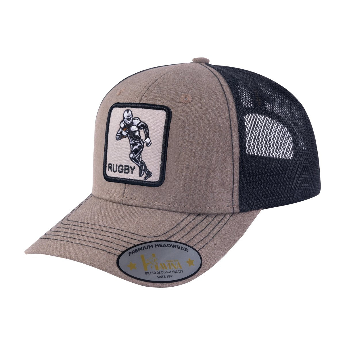 Rugby 6-Panel Trucker Hat with Light Brown front and Black back