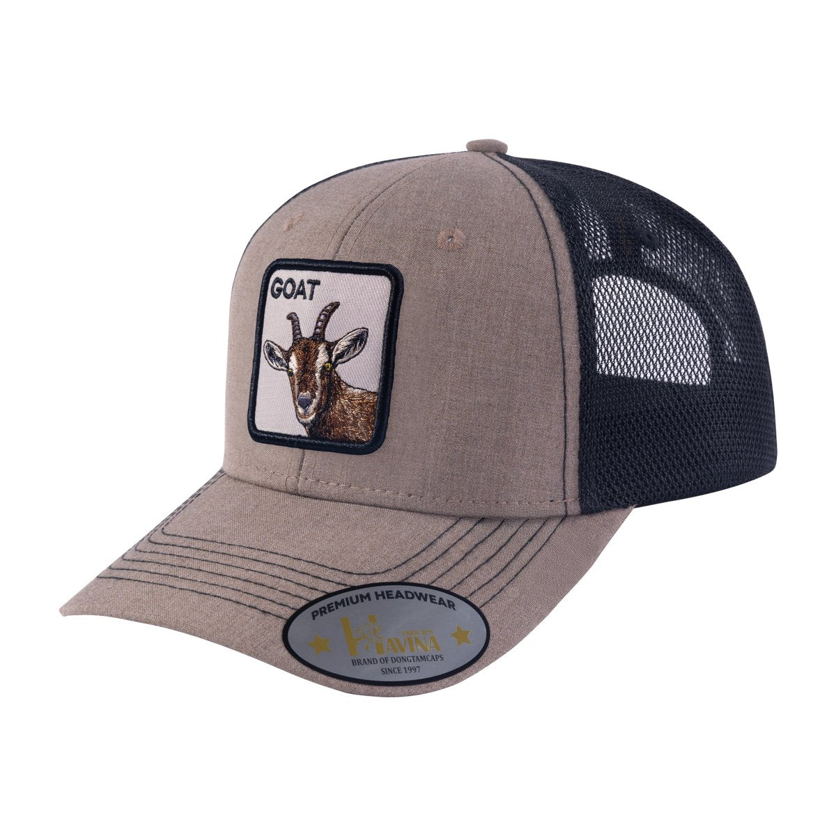 Goat 6-Panel Trucker Hat with Light Brown front and Black back