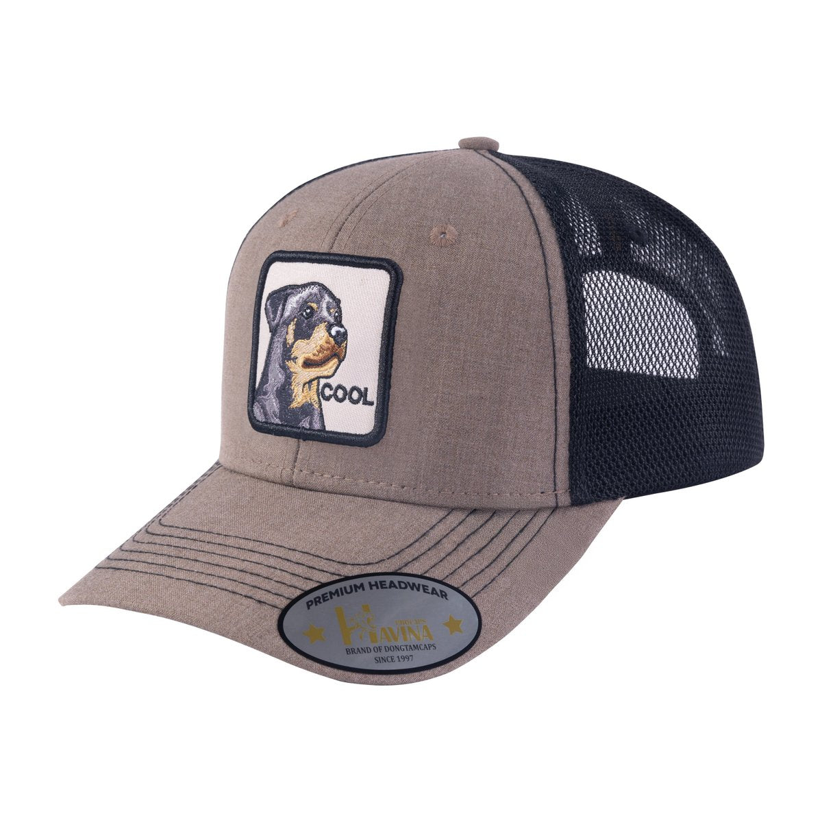 Cool Dog 6-Panel Trucker Hat with Light Brown front and Black back