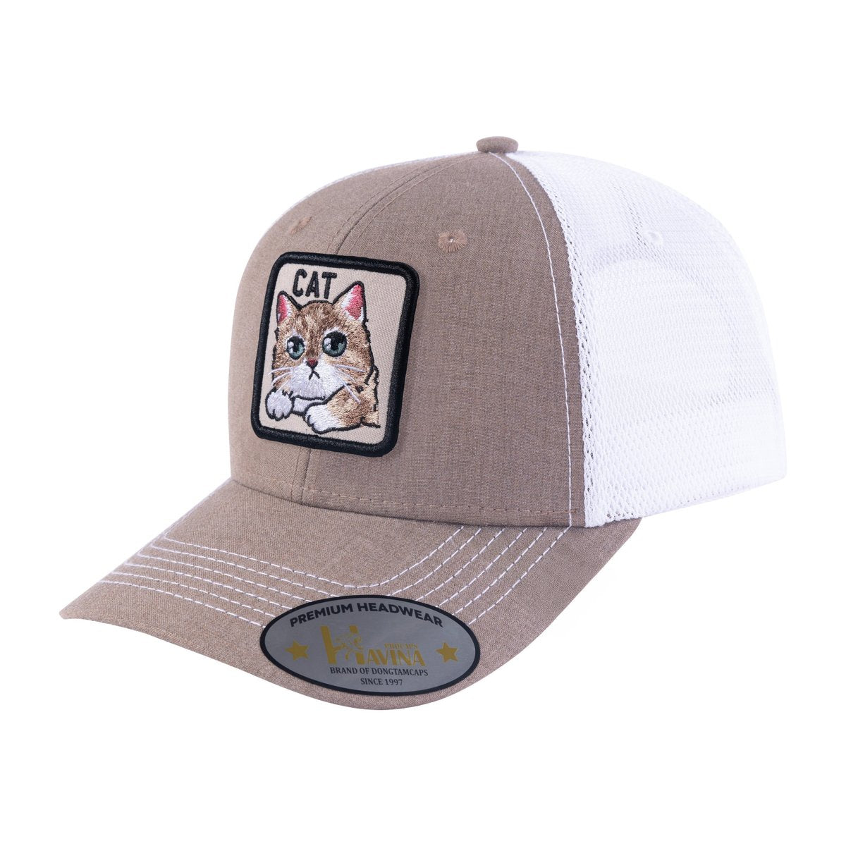 Cat 6-Panel Trucker Hat with Light Brown front and White back