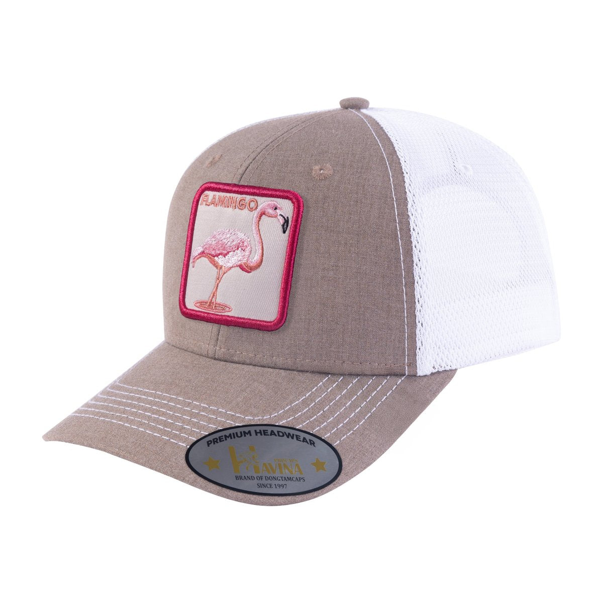 Flamingo 6-Panel Trucker Hat with Light Brown front and White back