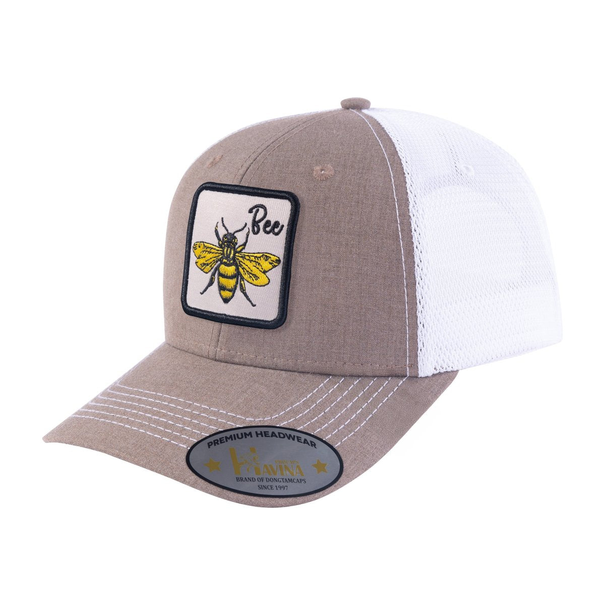 Bee 6-Panel Trucker Hat with Light Brown front and White back