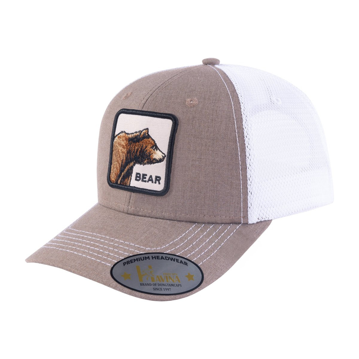 Bear 6-Panel Trucker Hat with Light Brown front and White back