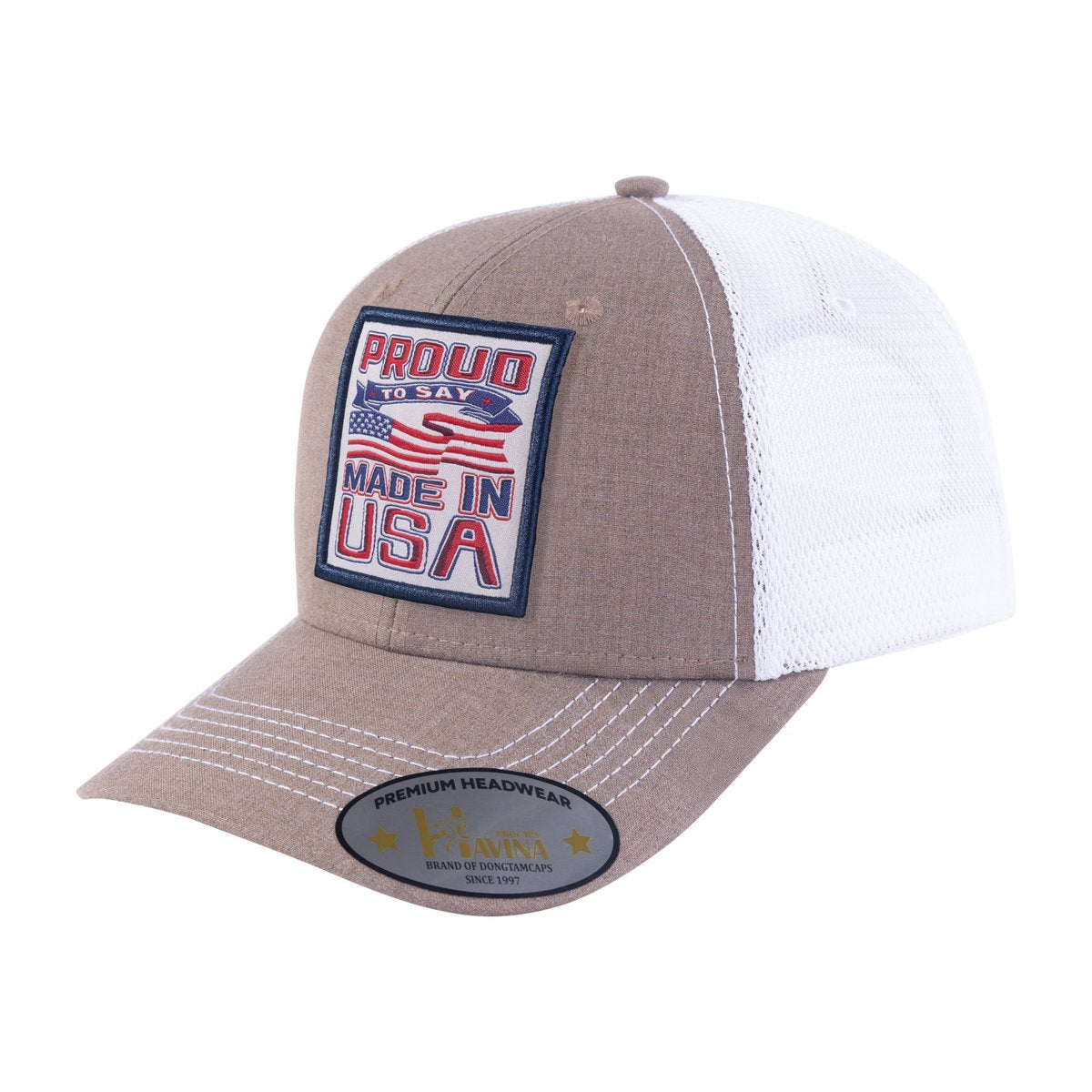 Proud to Say Made in USA 6-Panel Trucker Hat with Light Brown front and White back