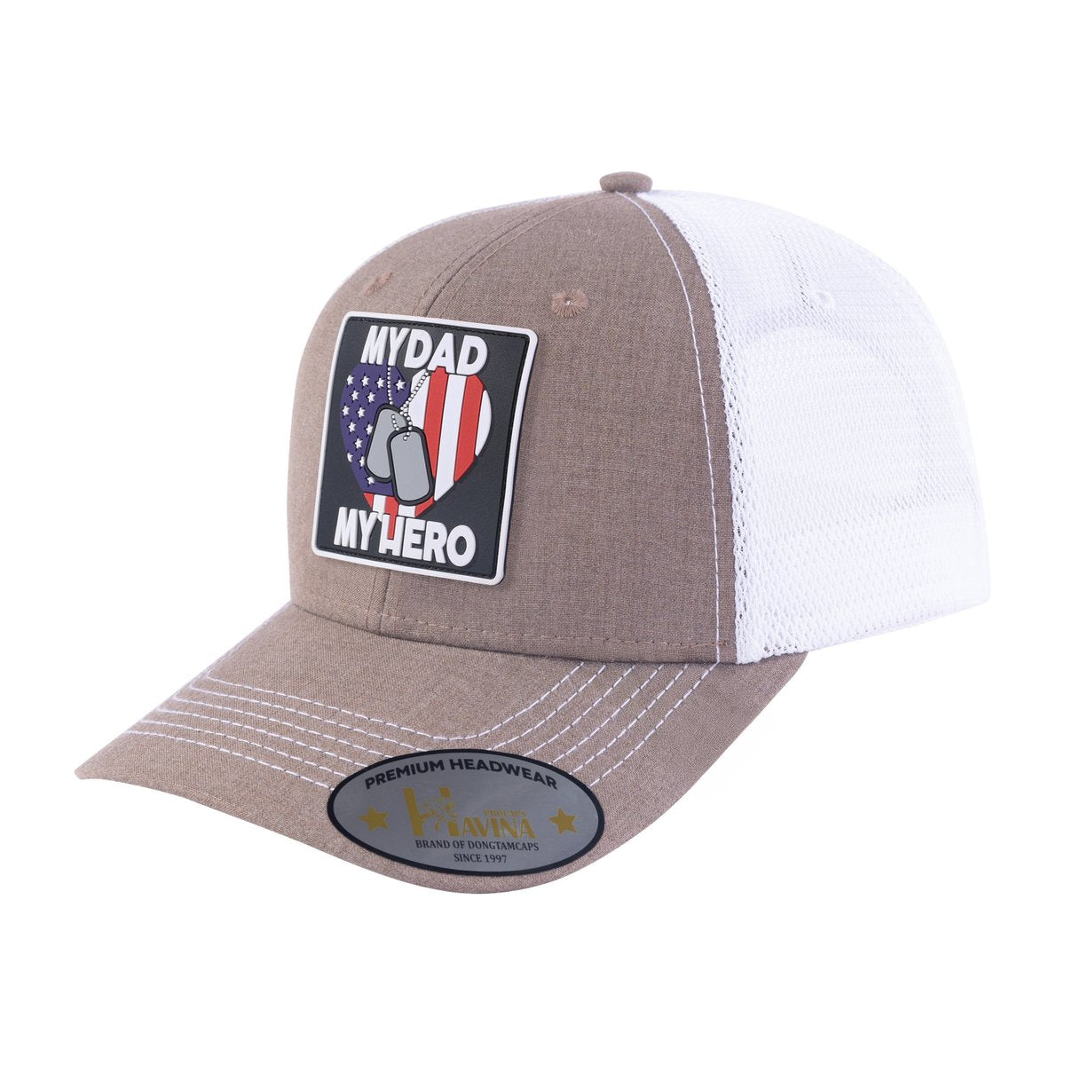 My Dad My Hero 6-Panel Trucker Hat with Light Brown front and White back