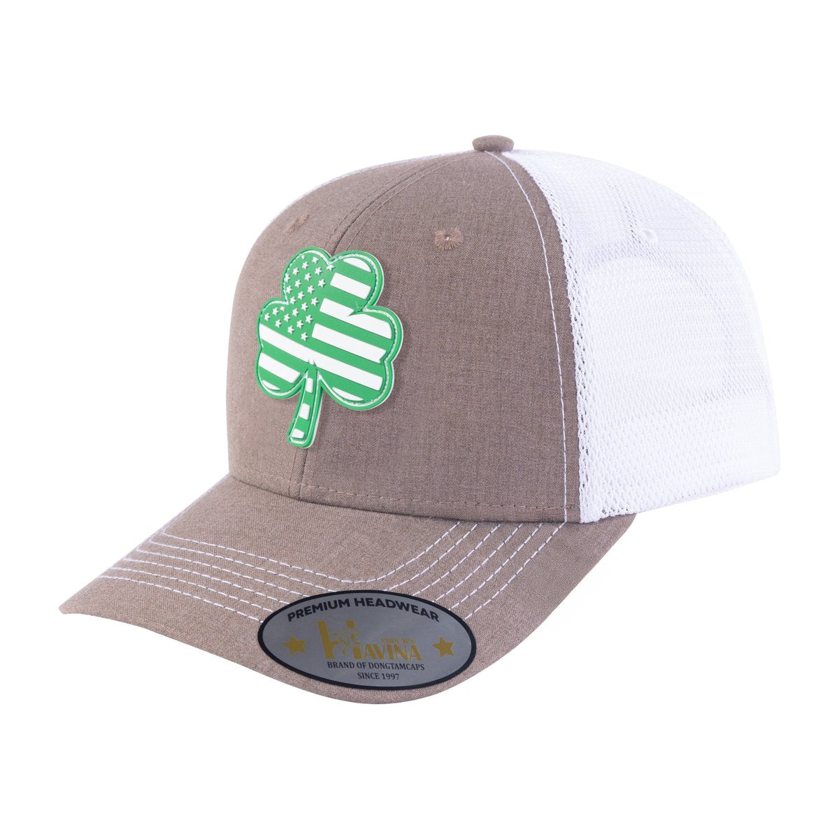 St. Patrick's Day Four Leaf Shamrock 6-Panel Trucker Hat with Light Brown front and White back