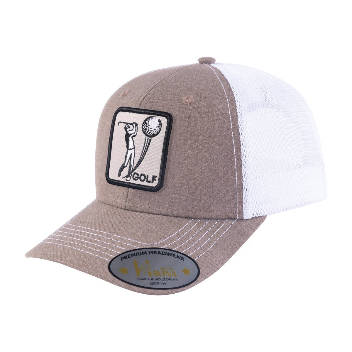 Golf 5-Panel Trucker Hat with Beige front and White back