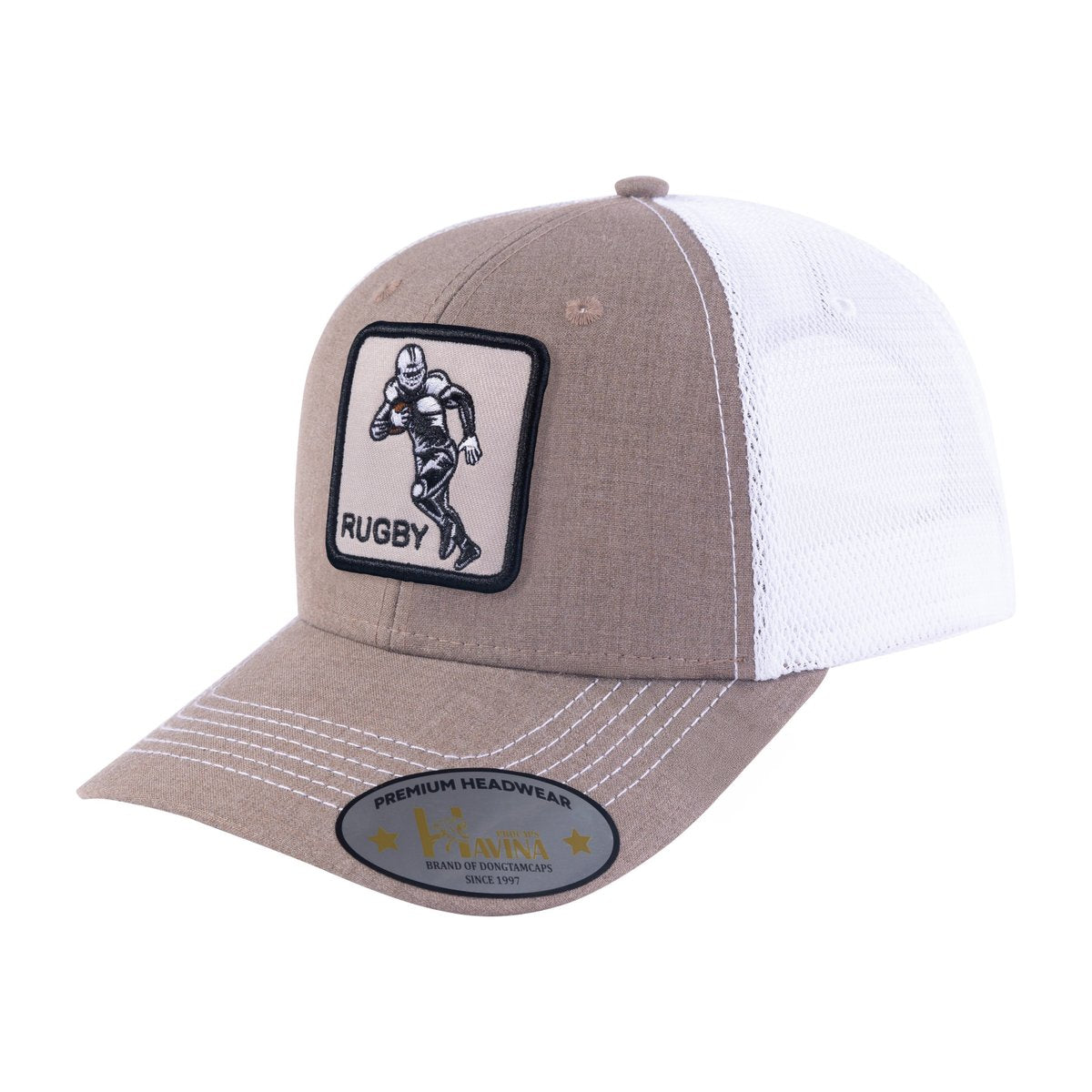 Rugby 6-Panel Trucker Hat with Light Brown front and White back