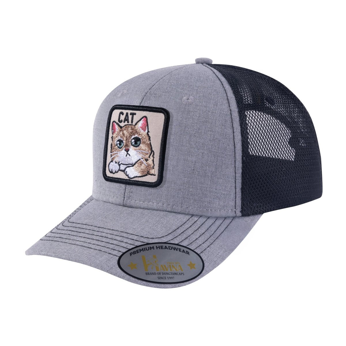 Cat 6-Panel Trucker Hat with Light Grey front and Black back