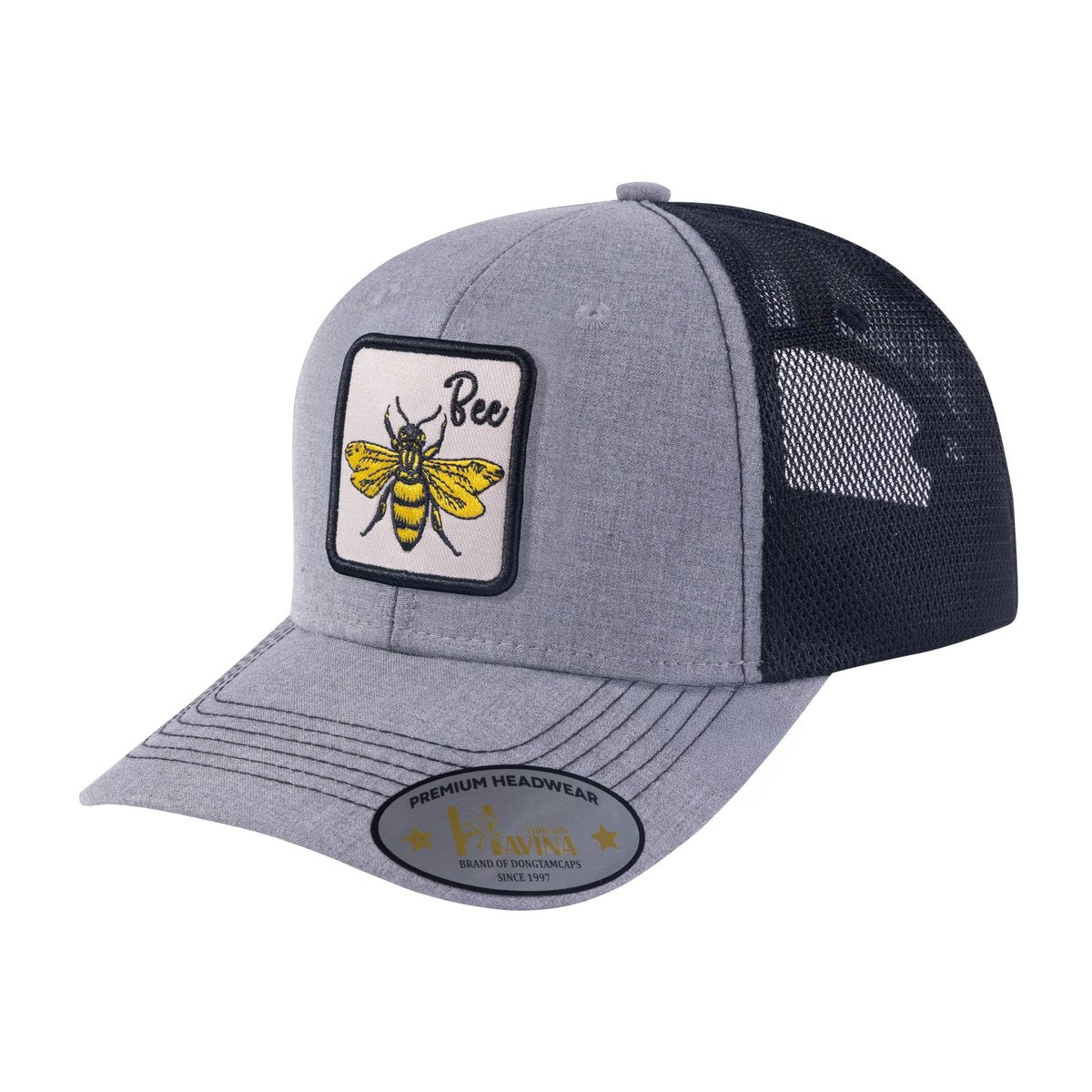 Bee 6-Panel Trucker Hat with Light Grey front and Black back