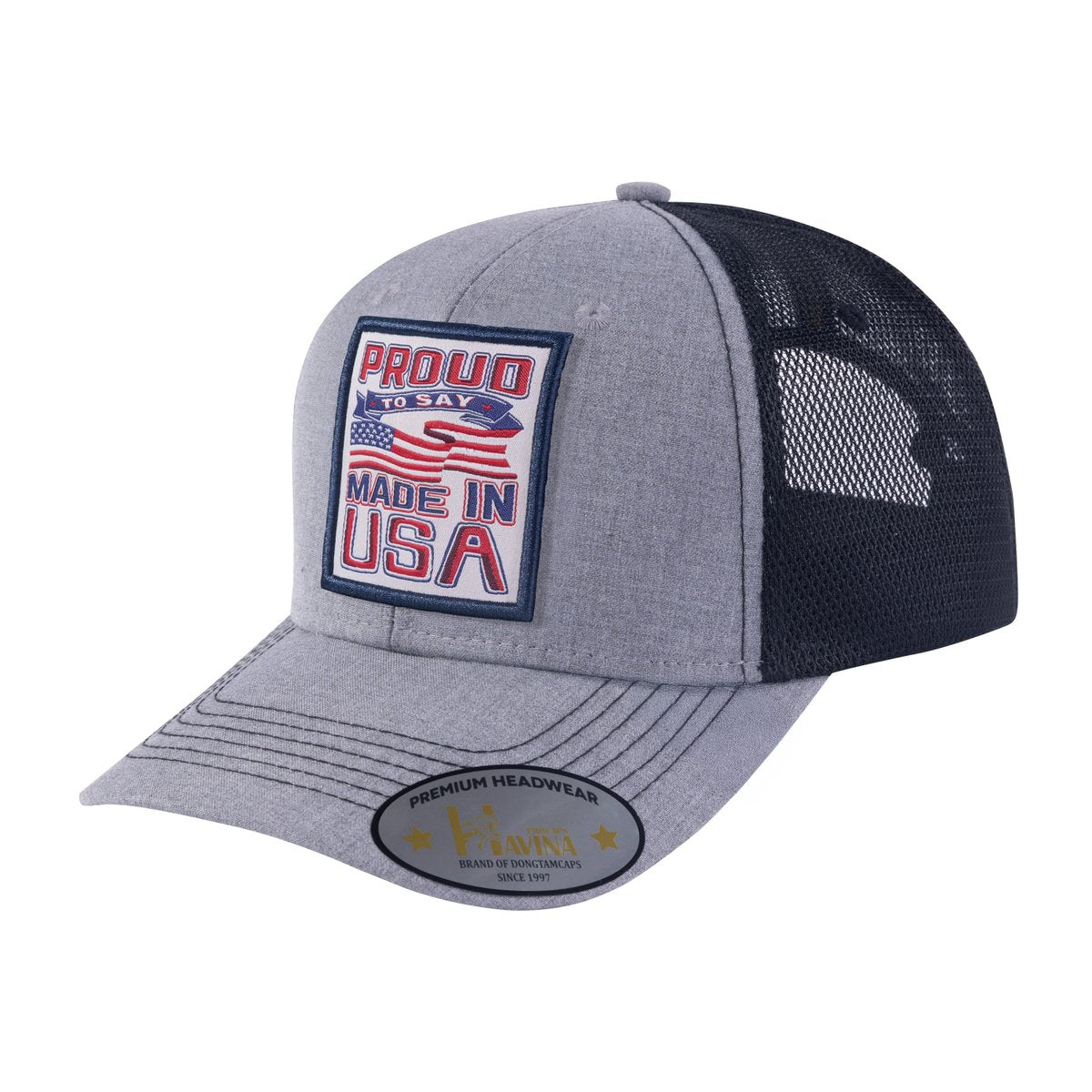 Proud to Say Made in USA 6-Panel Trucker Hat with Khaki front and Black back