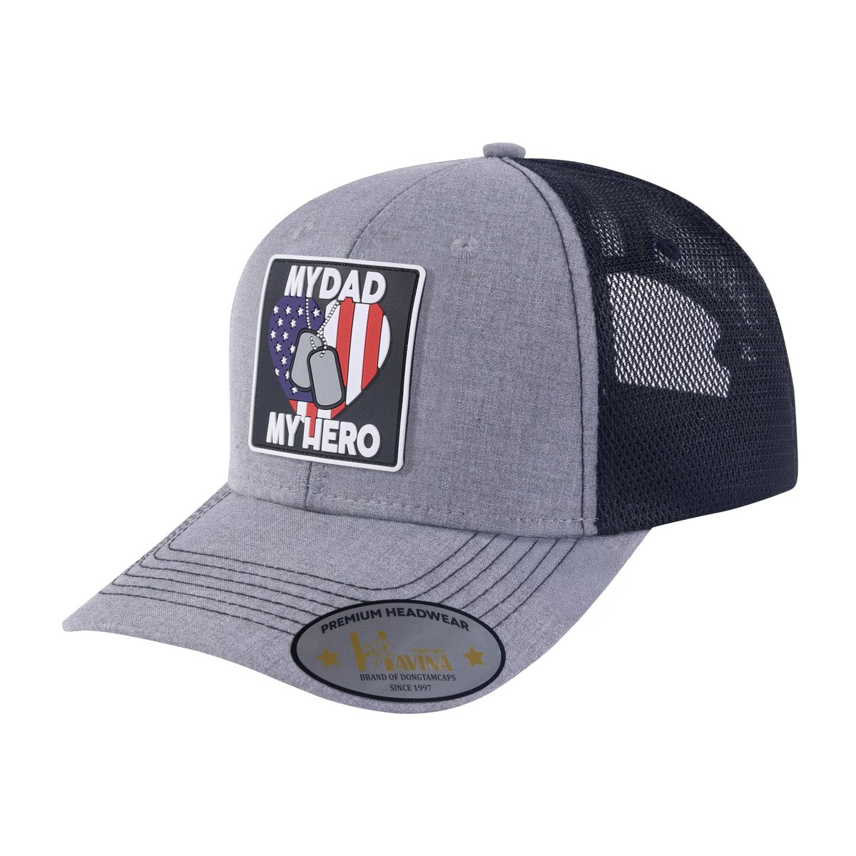 My Dad My Hero 6-Panel Trucker Hat with Light Grey front and Black back