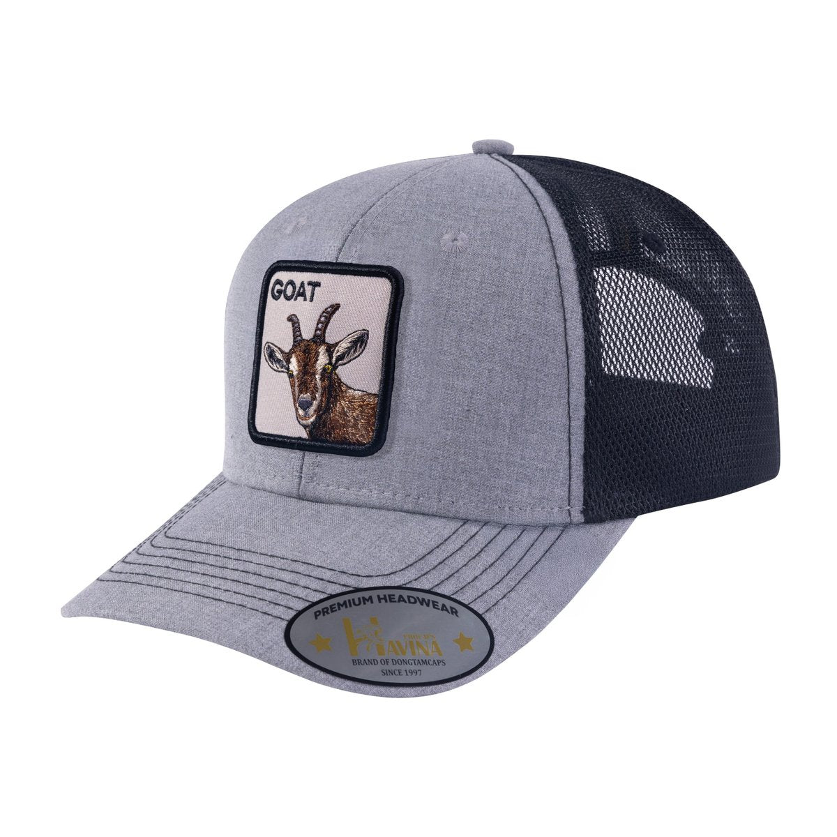 Goat 6-Panel Trucker Hat with Khaki front and Black back