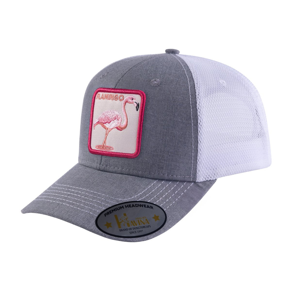 Flamingo 6-Panel Trucker Hat with Light Grey front and White back