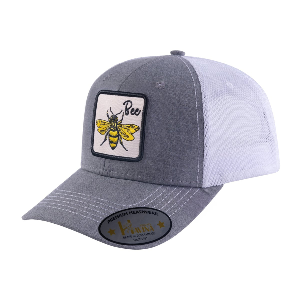 Bee 6-Panel Trucker Hat with Light Grey front and White back