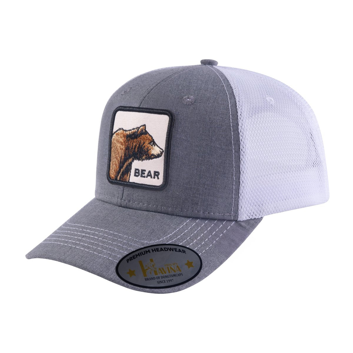 Bear 6-Panel Trucker Hat with Light Grey front and White back