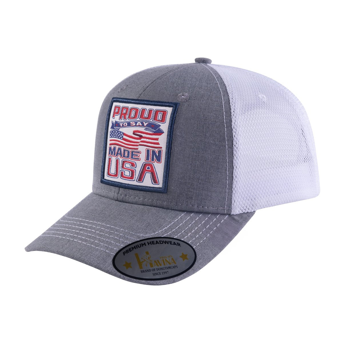 Proud to Say Made in USA 6-Panel Trucker Hat with Light Grey front and White back