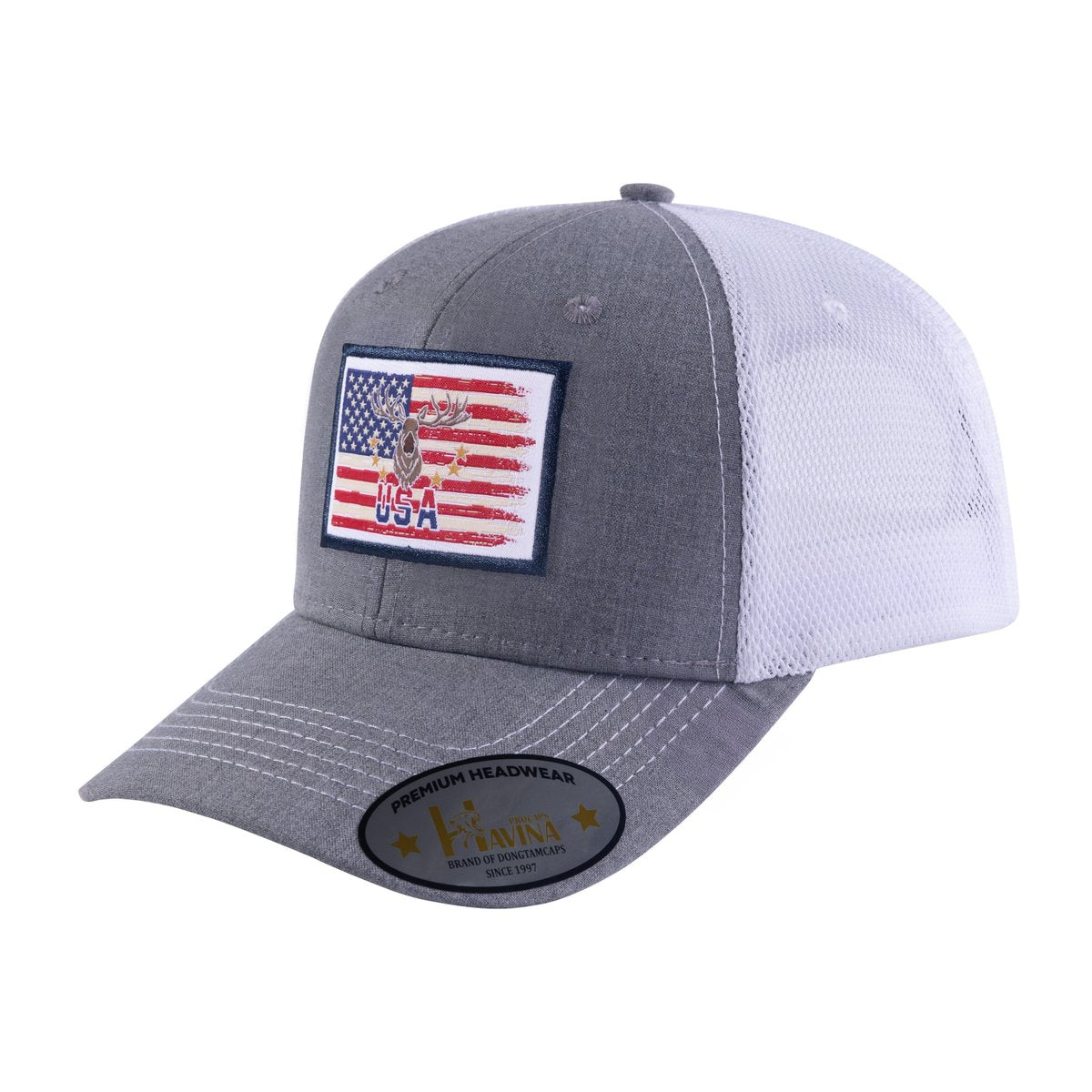 USA Deer Hunter 6-Panel Trucker Hat with Light Grey front and White back