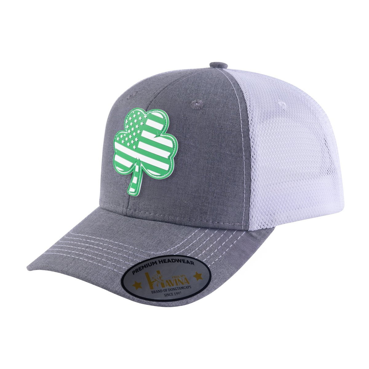 St. Patrick's Day Four Leaf Shamrock 6-Panel Trucker Hat with Light Grey front and White back
