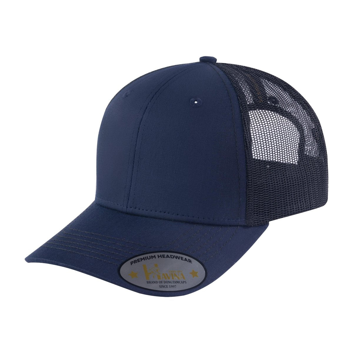 Blank 6-Panel Trucker Hat with Navy front and Black back