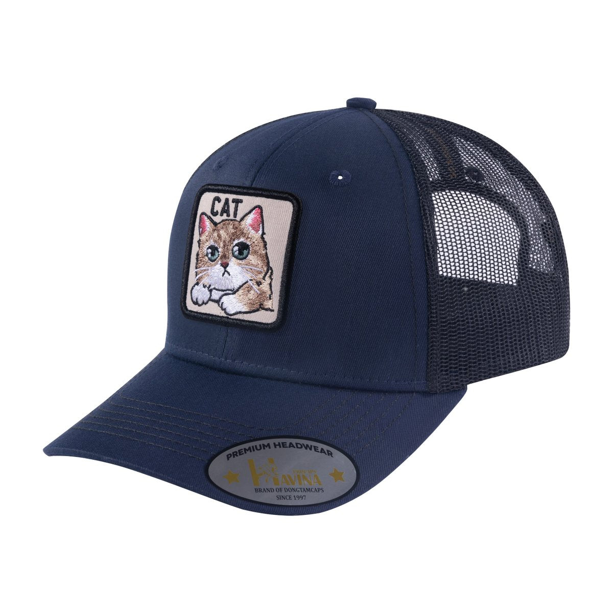Cat 6-Panel Trucker Hat with Navy front and Black back
