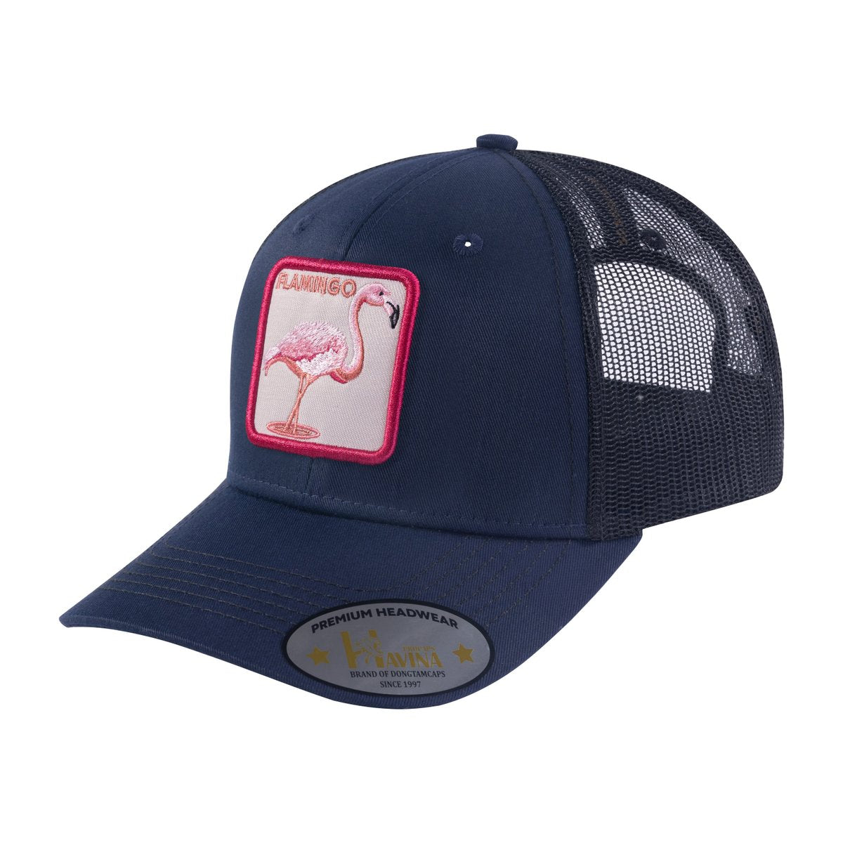Flamingo 6-Panel Trucker Hat with Navy front and Black back