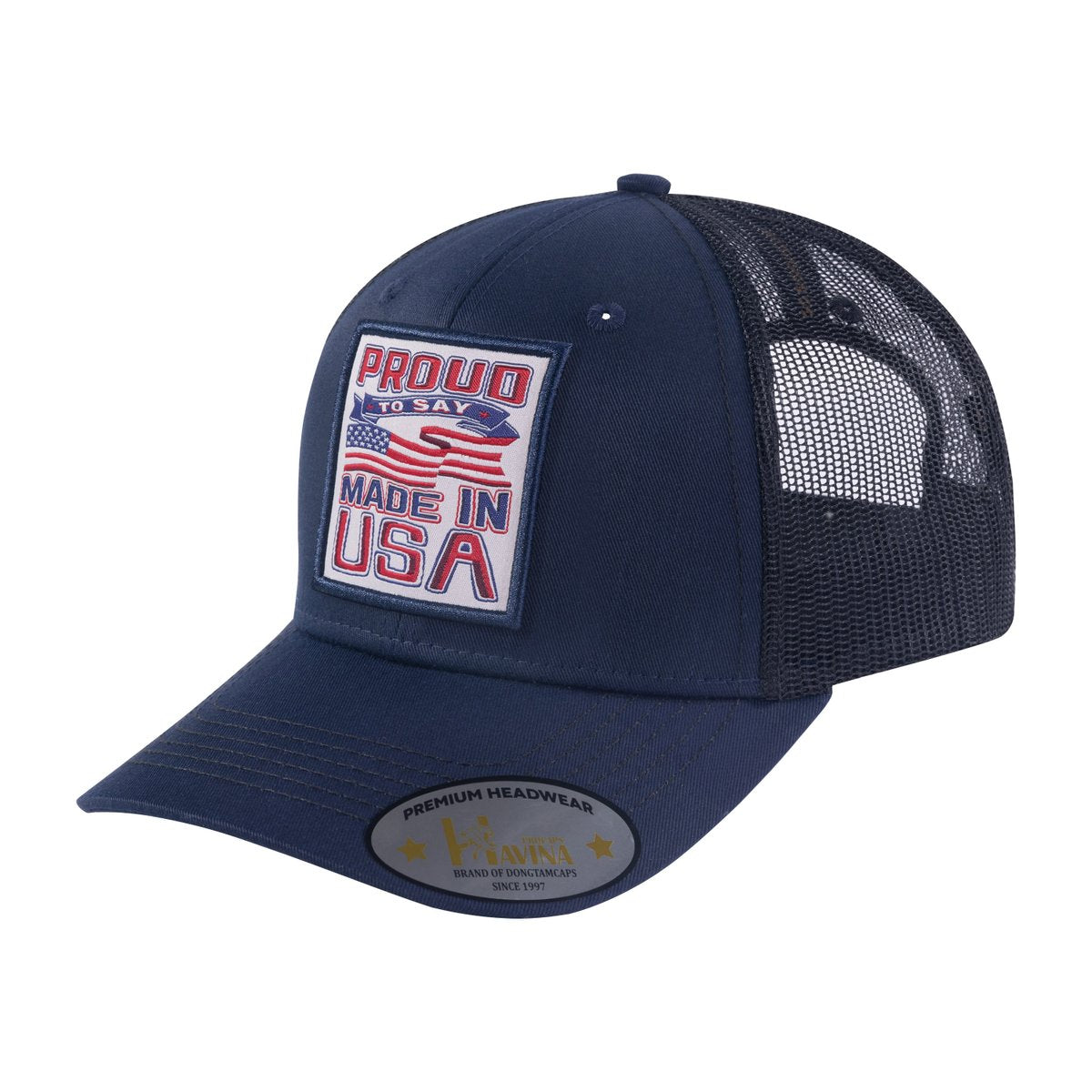 Proud to Say Made in USA 6-Panel Trucker Hat with Navy front and Black back
