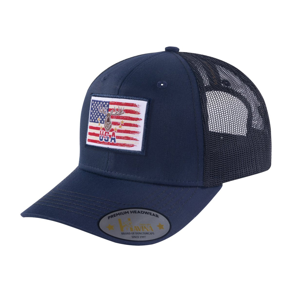 USA Deer Hunter 6-Panel Trucker Hat with Navy front and Black back