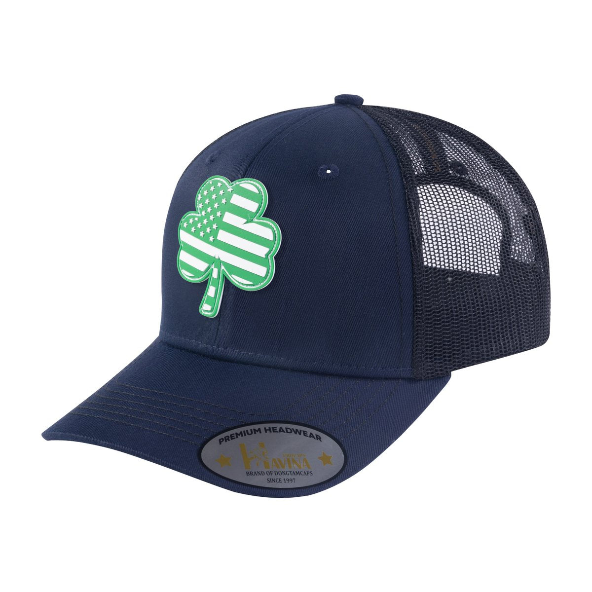 St. Patrick's Day Four Leaf Shamrock 6-Panel Trucker Hat with Navy front and Black back