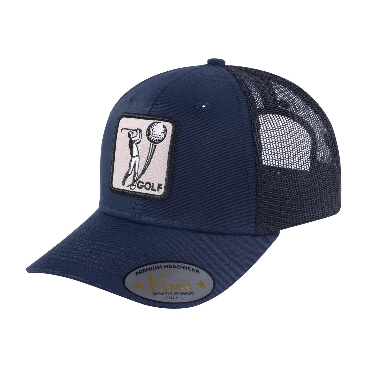 Golf 6-Panel Trucker Hat with Navy front and Black back