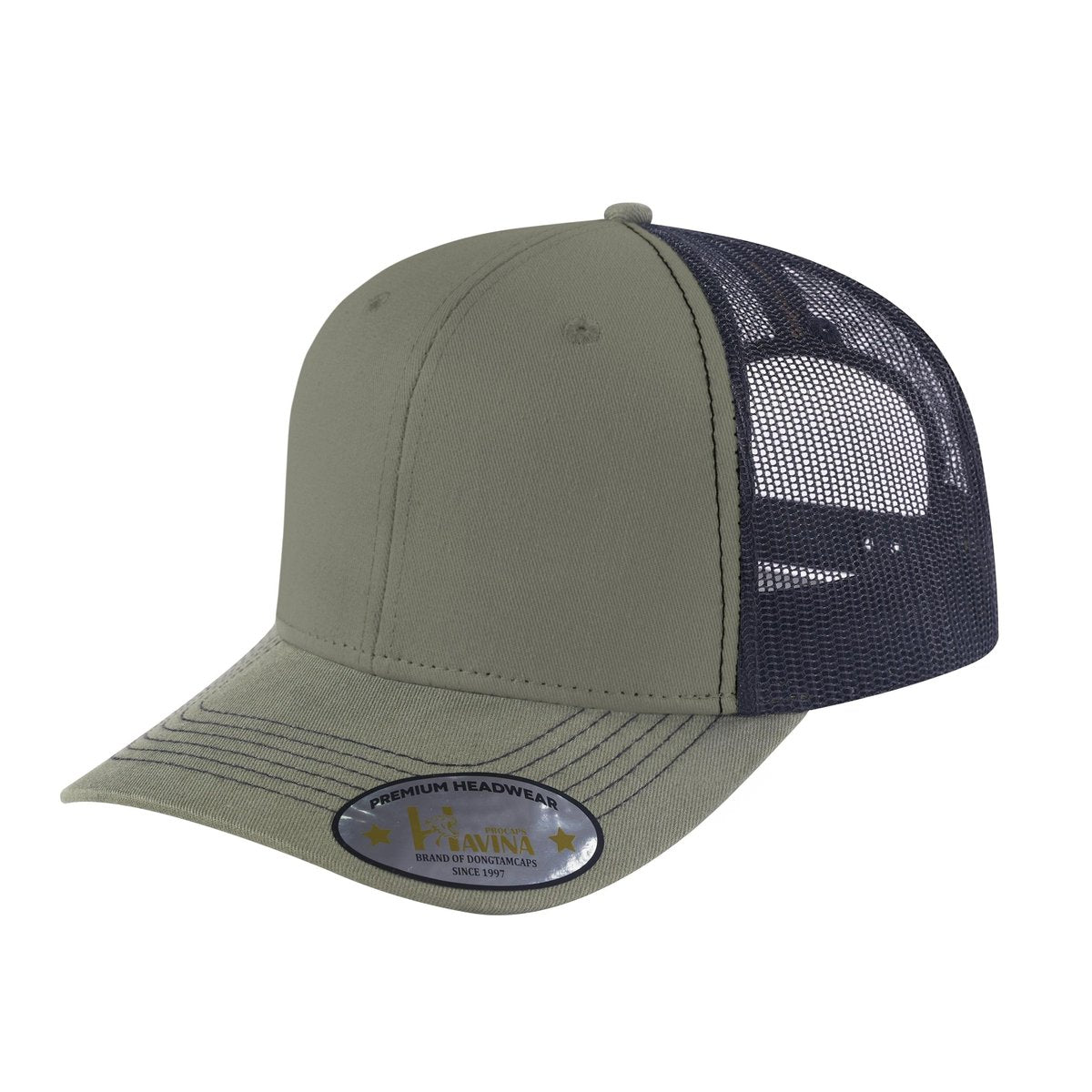Blank 6-Panel Trucker Hat with Olive front and Black back