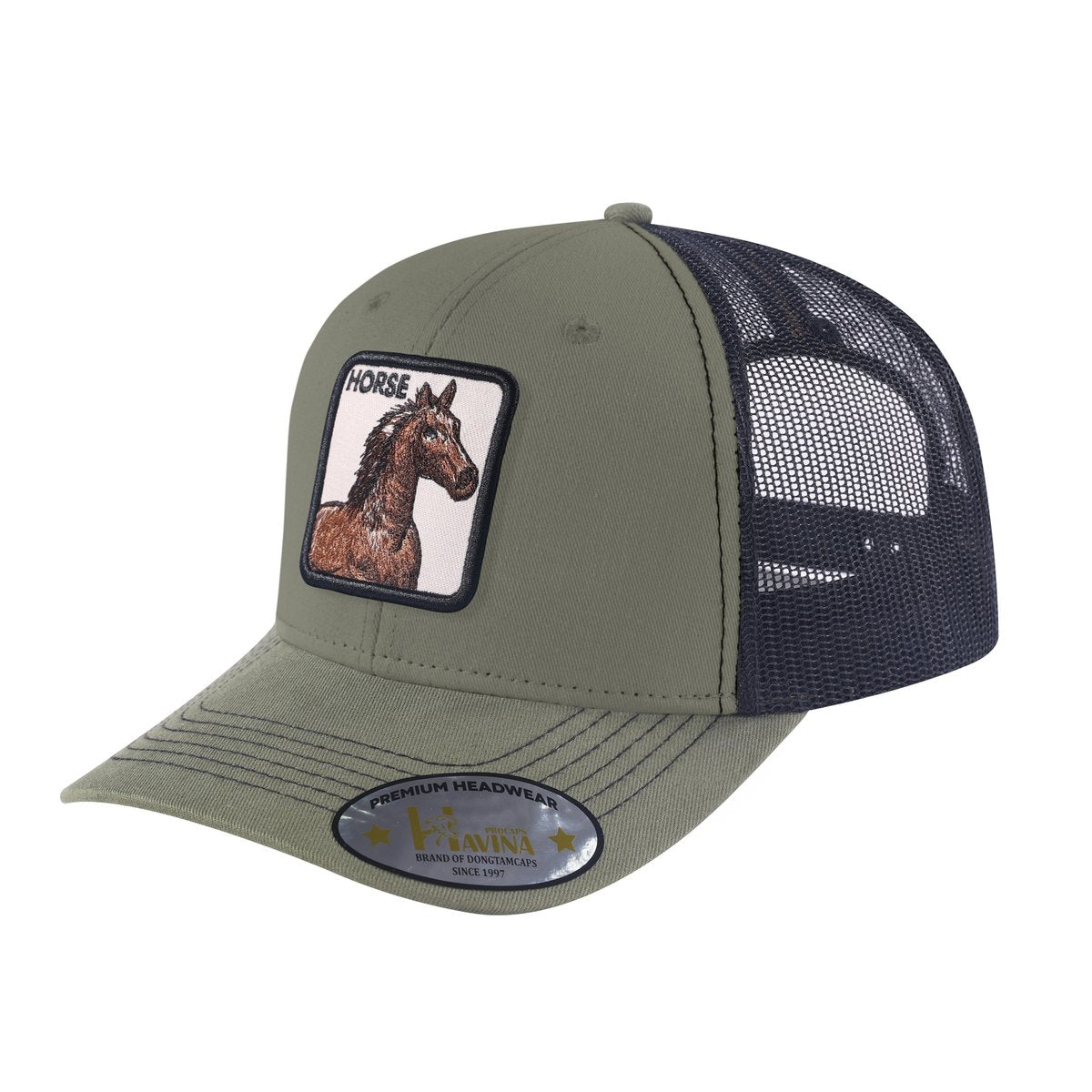 Horse 6-Panel Trucker Hat with Olive front and Black back