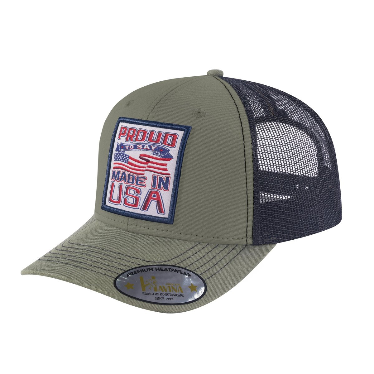 Proud to Say Made in USA 6-Panel Trucker Hat with Olive front and Black back