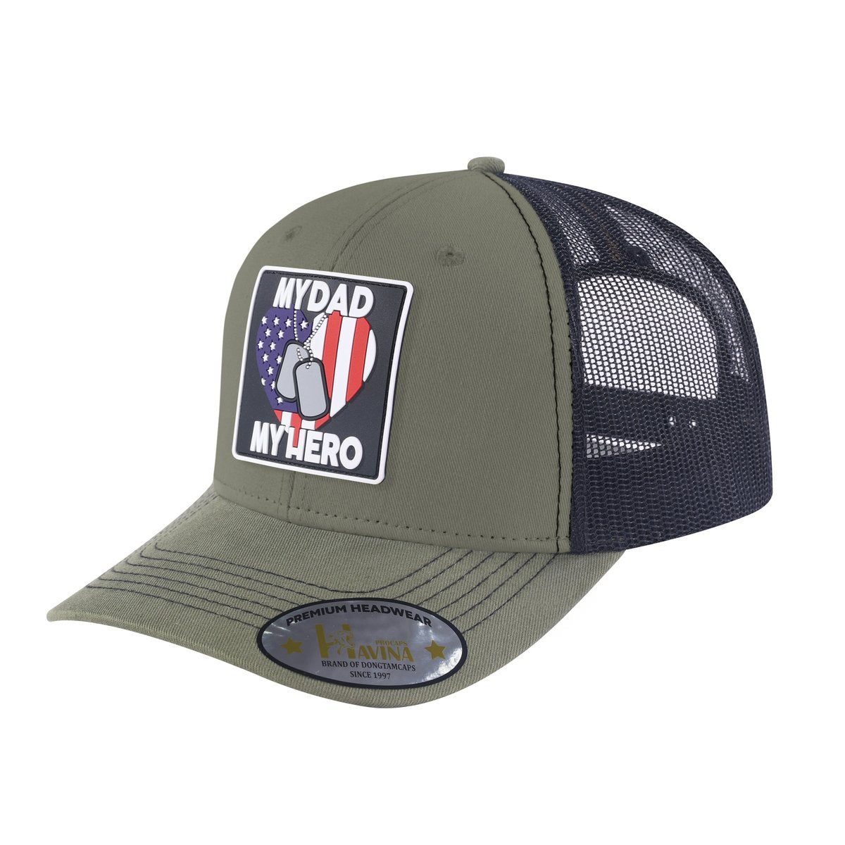 My Dad My Hero 6-Panel Trucker Hat with Olive front and Black back