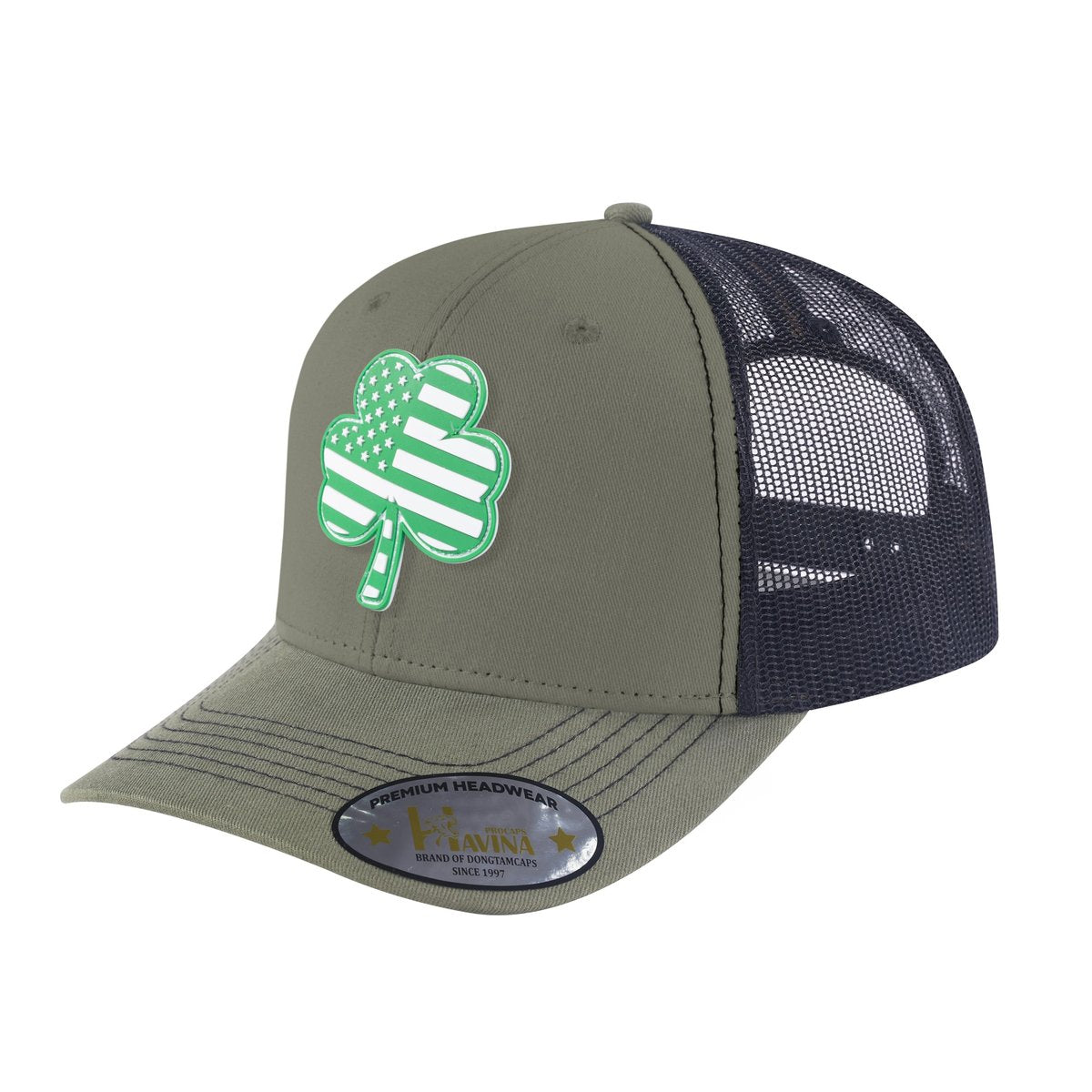 St. Patrick's Day Four Leaf Shamrock 6-Panel Trucker Hat with Olive front and Black back