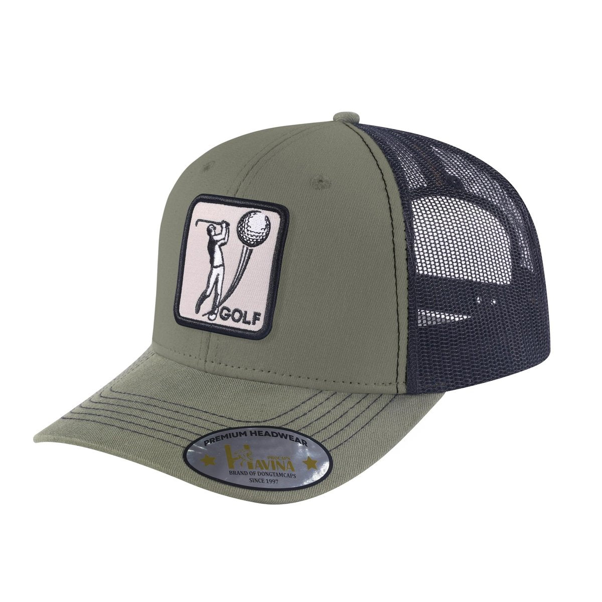 Golf 6-Panel Trucker Hat with Olive front and Black back