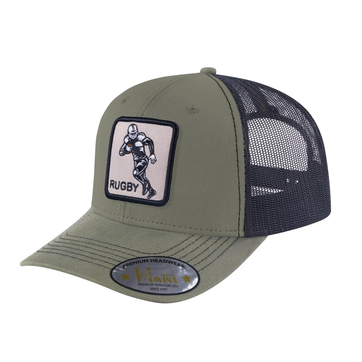 Rugby 6-Panel Trucker Hat with Olive front and Black back