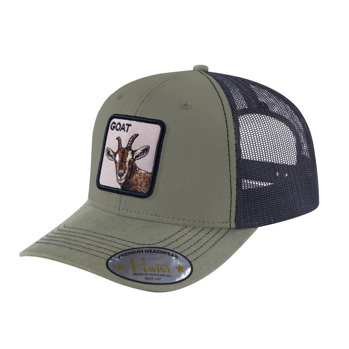 Goat 6-Panel Trucker Hat with Olive front and Black back
