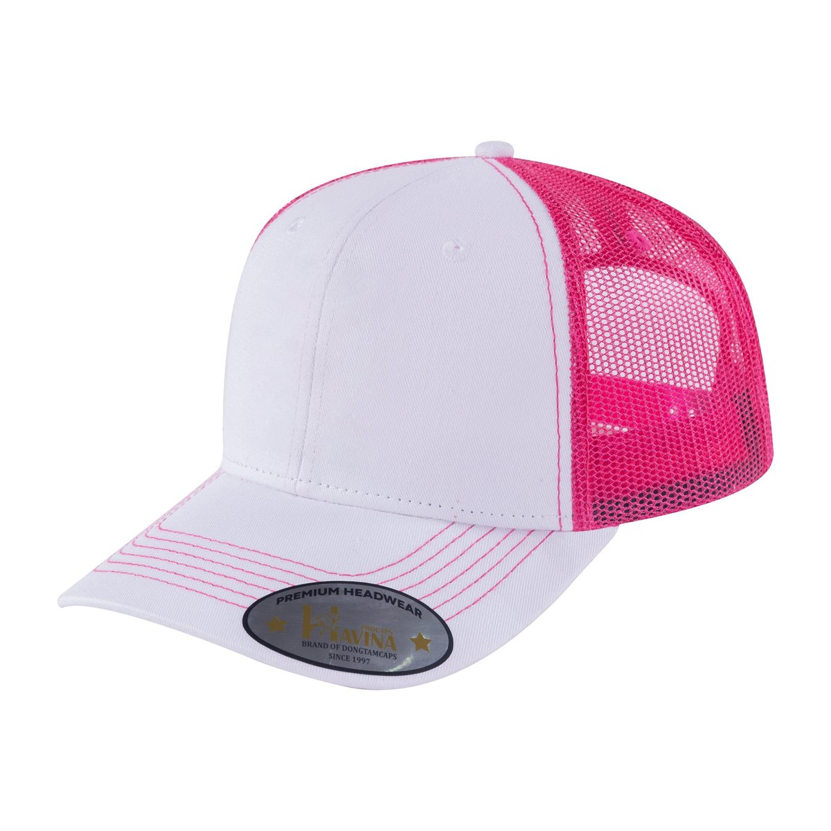 Blank 6-Panel Trucker Hat with White front and Pink back