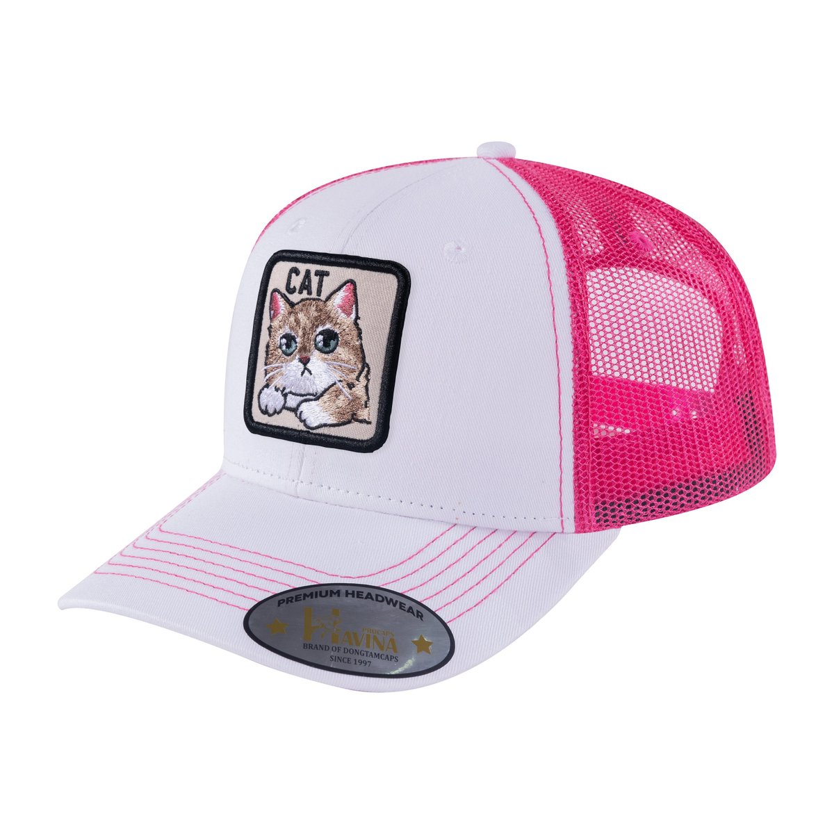 Cat 6-Panel Trucker Hat with White front and Pink back