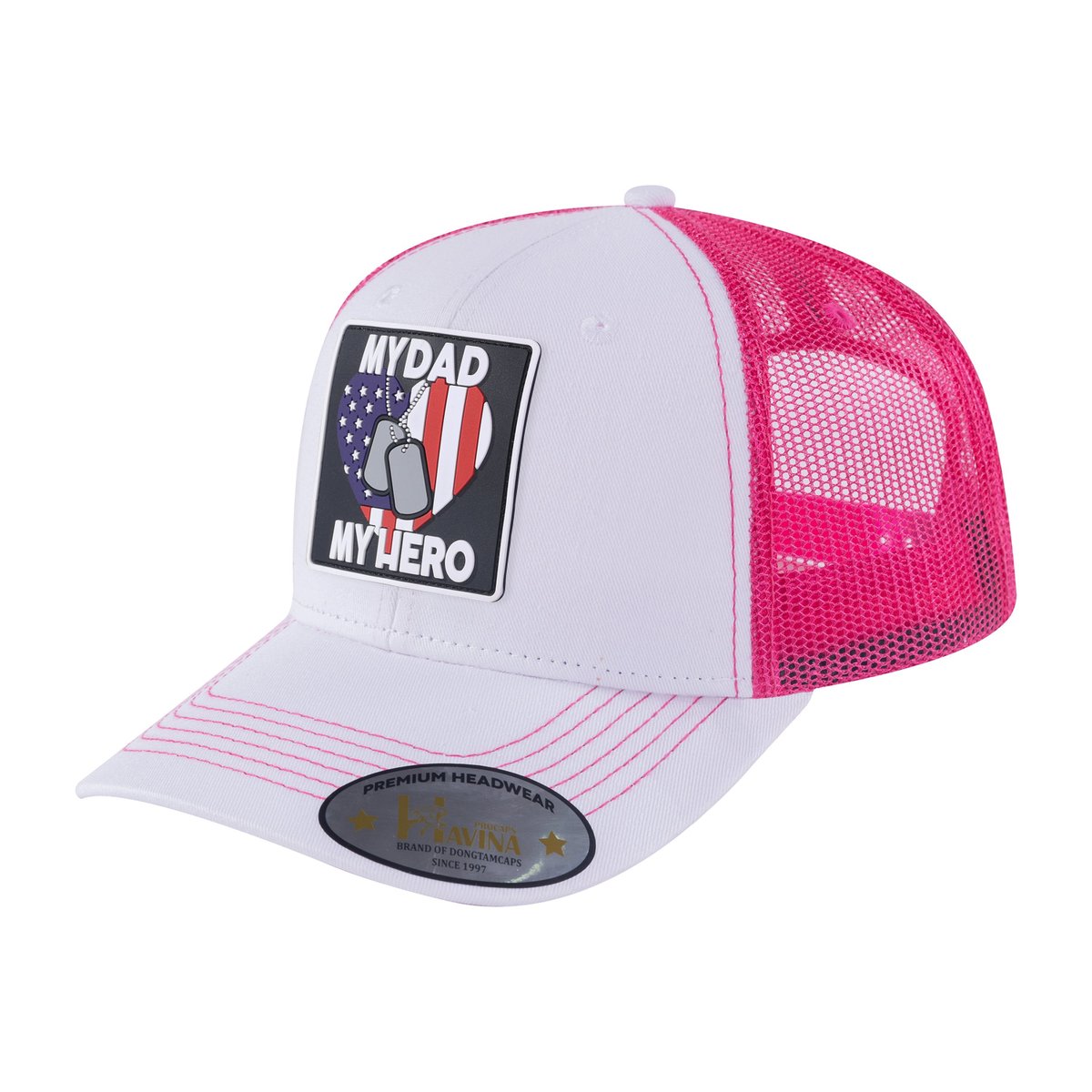 My Dad My Hero 6-Panel Trucker Hat with White front and Pink back