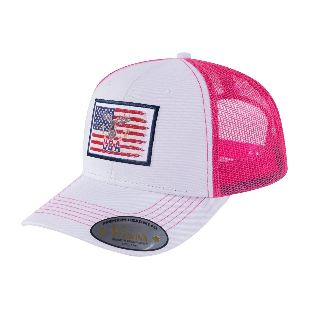USA Deer Hunter 6-Panel Trucker Hat with White front and Pink back