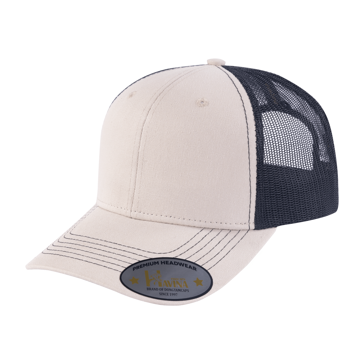 Blank 6-Panel Trucker Hat with Beige front and Black back