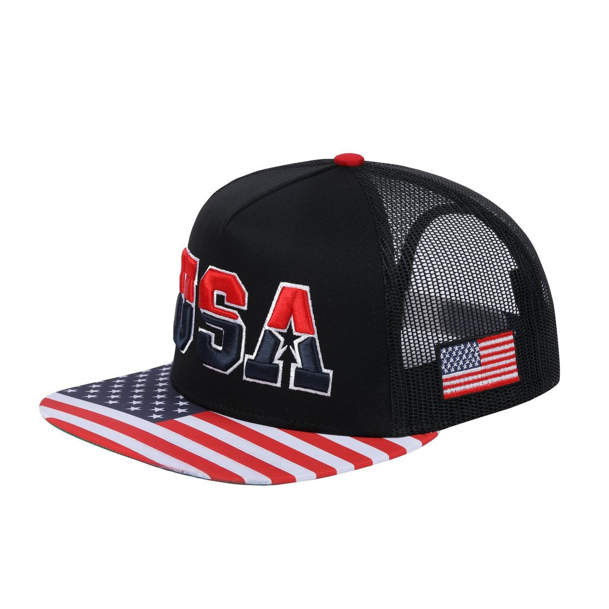 Classic US American Flag 5-Panel Snap Trucker Hat with Black front and Black back