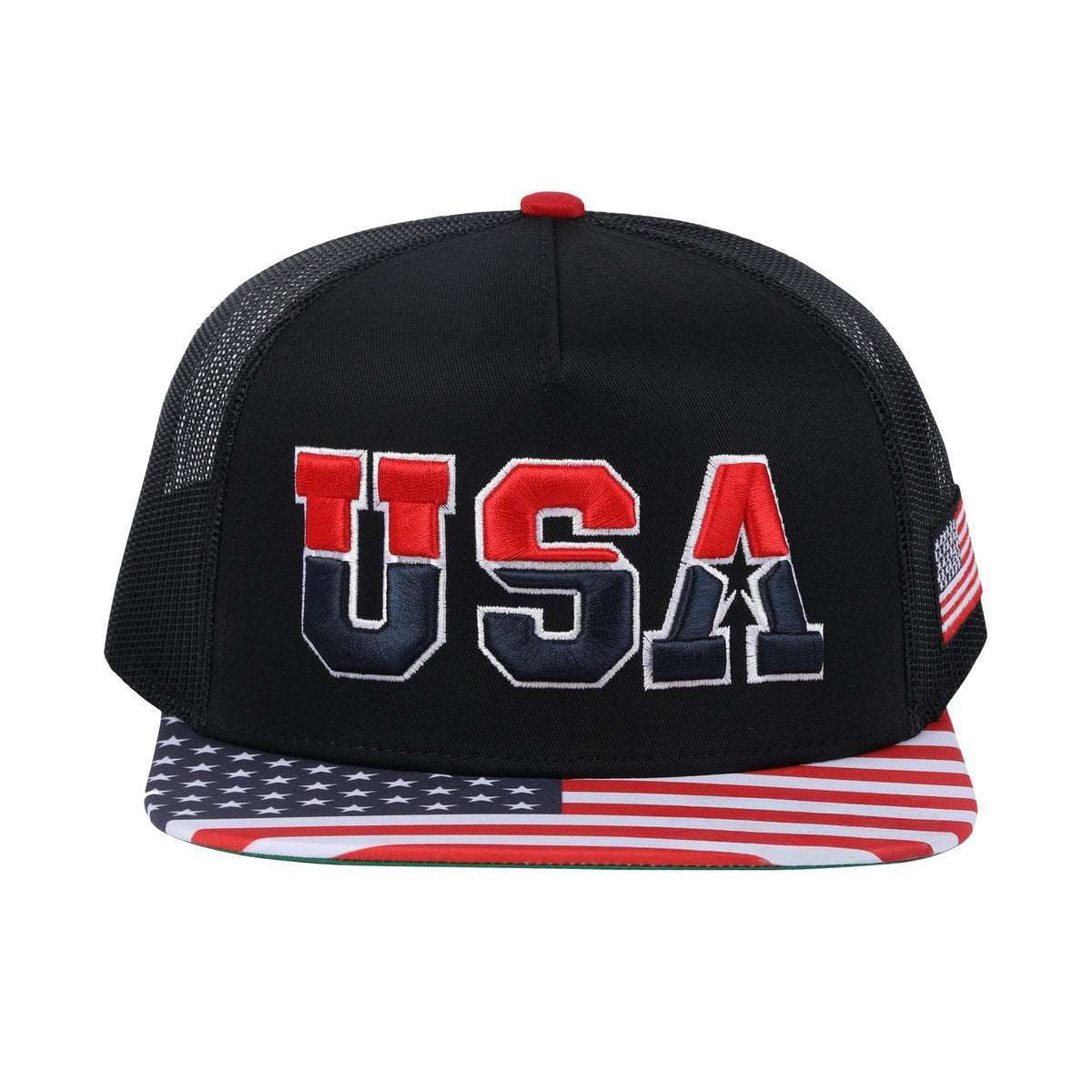 Classic US American Flag 5-Panel Snap Trucker Hat with Black front and Black back