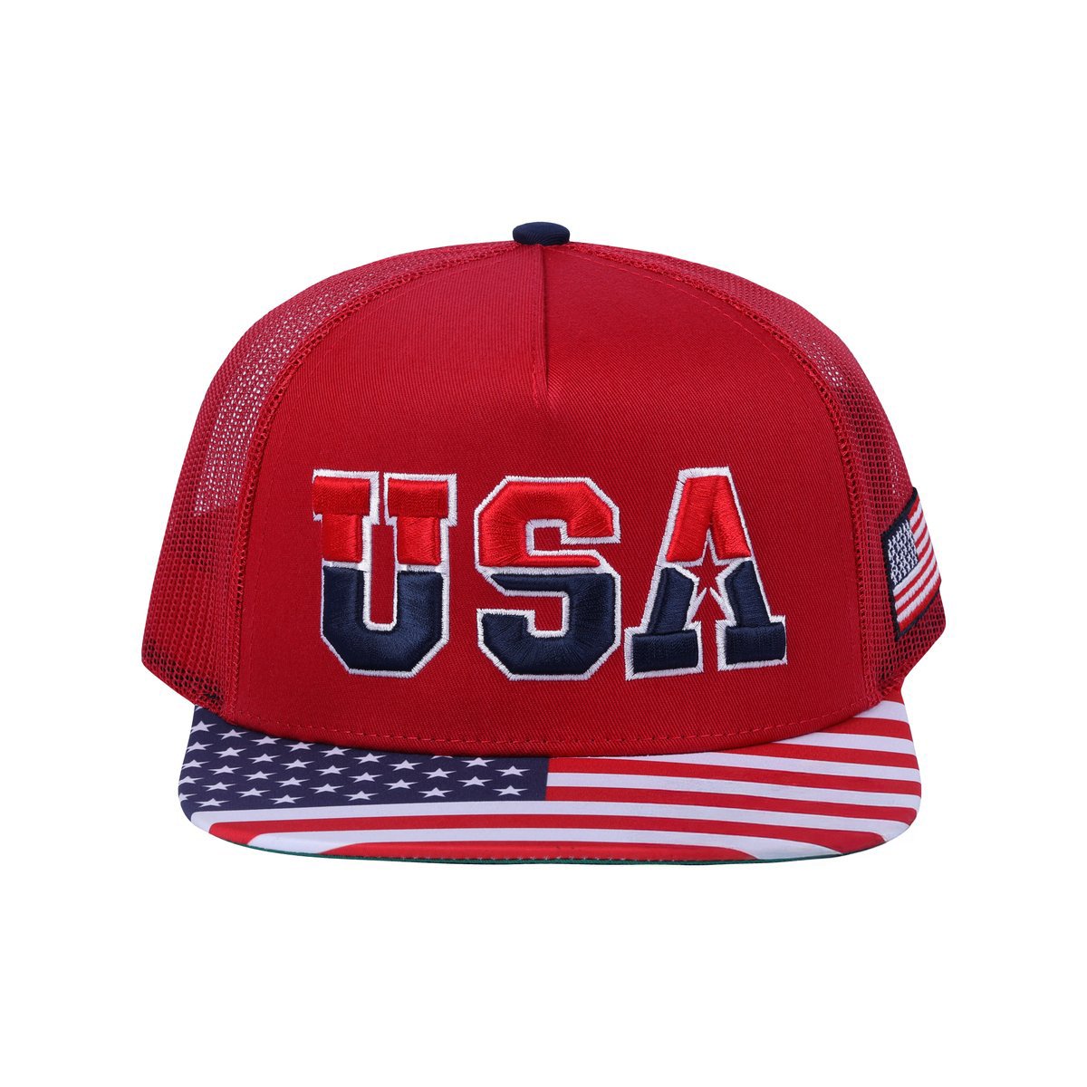 Classic US American Flag 5-Panel Snap Trucker Hat with Red front and Red back