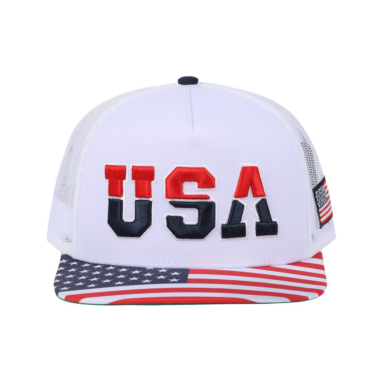 Classic US American Flag 5-Panel Snap Trucker Hat with White front and White back