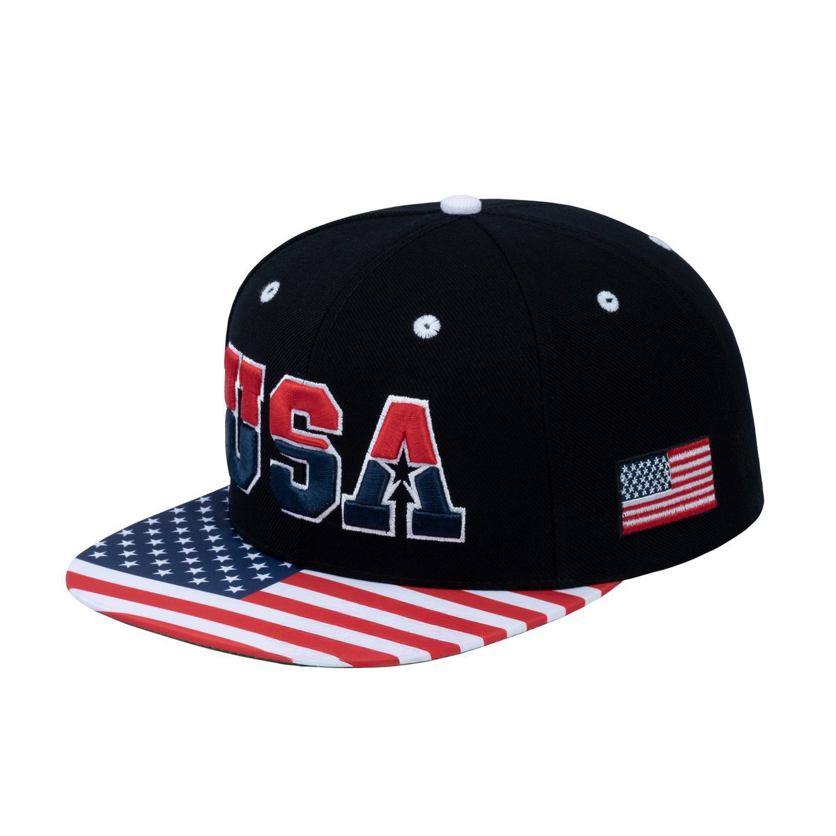 Classic US American Flag 6-Panel Snapback Flat Bill Baseball Cap with Black front and Black back
