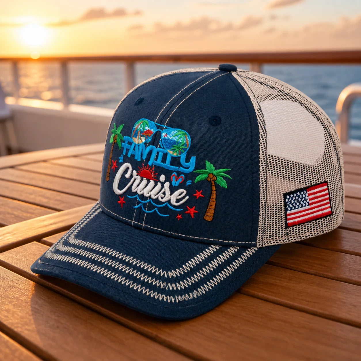 Woman wearing the exact HAVINA WHOLESALE Family Cruise navy and beige trucker hat on a cruise ship